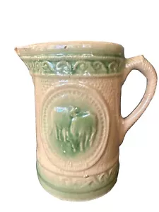 Hull yelloware salt glazed stoneware Green And Ivory Cow Pitcher Vintage 8.5" - Picture 1 of 21