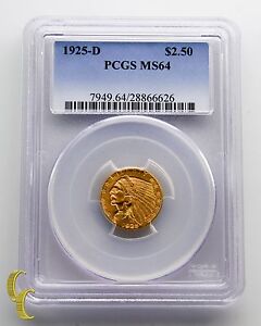 1925-D $2.50 Quarter Eagle Gold Coin Indian Head Graded by PCGS as MS-64