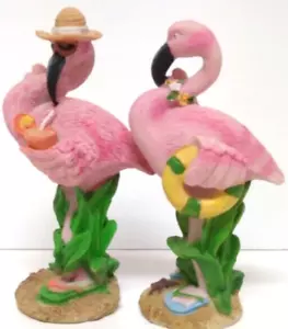 2 Vtg 5" Beach Flamingo Decoration Figurines Flip Flops Hat Sunglasses Lifebuoy - Picture 1 of 17
