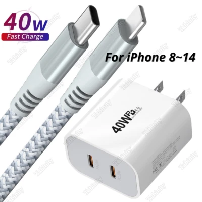 Type C 40W Power Adapter USB-C Fast Charger Cable For iPhone 8 X XR 11 12 13 14 - Image 1 of 4