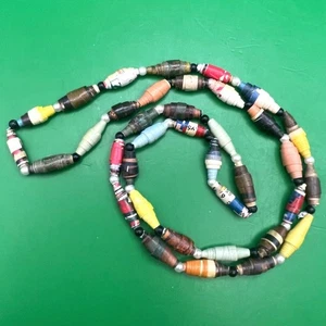 Handgefertigte gerollte Papierperlen Halskette langer durchgehender Strang Upcycling Bohemian - Bild 1 von 11