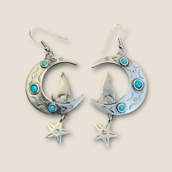 Pendientes colgantes JJ Jonette luna creciente y lobo aullador piedra color turquesa Foto 1 de 2