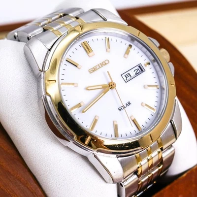 Seiko V158-0AD0 Solar Wristwatch Day-Date White Dial Silver - Image 1 of 4