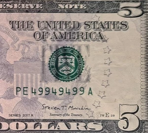 Número de serie de lujo serie de billetes de $5 2017A~49949499~ (binario/triple curvas/5ROAK) - Imagen 1 de 3