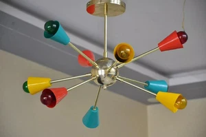 9-Arm Multi-Color Sputnik Chandelier – Mid Century Modern Brass Ceiling Light - Picture 1 of 8