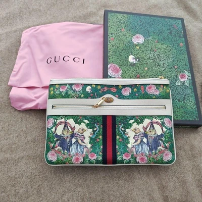 Bolso sin asas GUCCI floral con estampado de animales línea de jerez cuero con cremallera lona blanco Foto 1 de 4