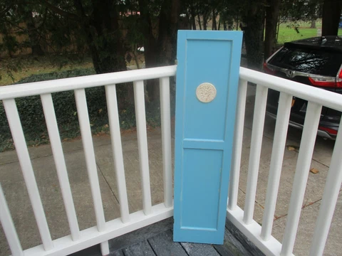 Shabby blue vintage wood shutter. Wood decal for decoration. French blue color Cover