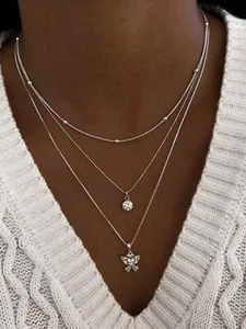 Rhinestone Butterfly Pendant Layered Necklace Jewelry for Women Gift for Her - Picture 1 of 5