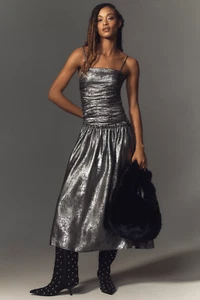 NWT ANTHROPOLOGIE LA MAISE STUDIO RUCHED DROP-WAIST FOIL MIDI DRESS- SIZE SMALL - Picture 1 of 3