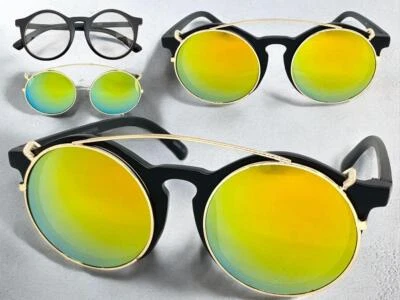 Mens Classic Vintage Retro Style Clip On SUN GLASSES Large Big Round Black Frame - Image 1 of 4