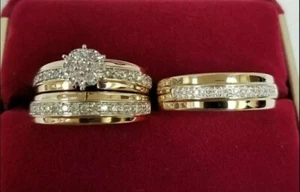 His & Hers Wedding Trio Ring Set 2CT Lab Created Diamond 14K Yellow Gold Plated - Picture 1 of 4