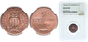 San Marino 1936 R 5 Centesimi Bronze NGC MS 64 - Picture 1 of 1