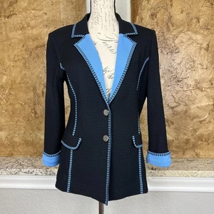 Misook Blazer Jacket Women Small Button Front Knit Black Blue Stripe Trim Preppy - Picture 1 of 10