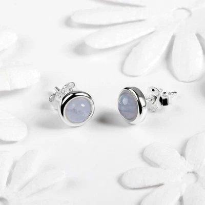 Серьги-гвоздики из чистого серебра с синим кружевом агатом круглые серьги-гвоздики минимальные - Изображение 1 из 2
