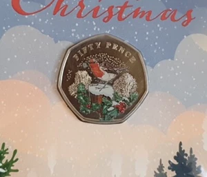 2022 GUERNSEY TRADITIONAL CHRISTMAS ROBIN 50p COLOURED CARD SEALED CARDED BUNC - Picture 1 of 4