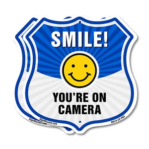 Smile You're On Camera Shield Sign Smile You're On Camera Shield Shaped Sign - Picture 1 of 41