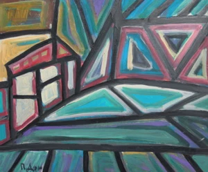 Vintage Cubist oil painting landscape signed - Picture 1 of 10