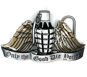 Only The Good Die Young Belt Buckle, Grenade Angel Wings War, Dragon Designs - Picture 1 of 4