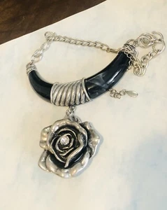 Black Rose Necklace Statement Chunky Silvertone, Rhinestone, Choker Adjustable - Picture 1 of 8