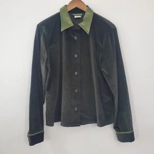 Harve Benard Womens Vintage Green Button Jacket Leather Trim Size 14 Old Moneyd - Picture 1 of 8