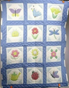Handmade Embroidered Baby Quilt / Wall Hanging / 12 Patch Assorted Pictures 45"H - Picture 1 of 12