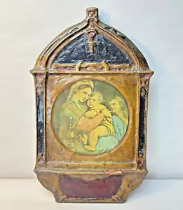 Vintage Gilt Wood Print Icon Wall Hanging "Madonna Of The Chair" by Raphael - Picture 1 of 9