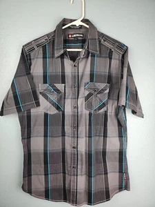 Airwalk Mens Plaid Shirt Black Blue Short Sleeves Button Up GUC - Picture 1 of 6