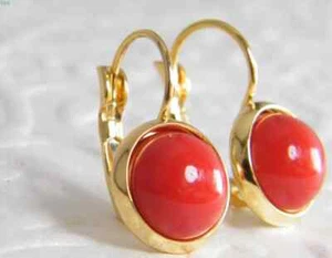 Mediterranean AAA Red Coral 14K Yellow Gold Over Lever Back Dangle Earrings 2PCS - Picture 1 of 8