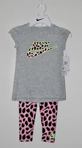 NWT Nike Little Girls Pink Foam Leopard Print 2pc SS Legging Set sz 4 5 - Picture 1 of 16