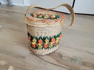 Vintage 1970's Straw Purse 6 inches Round x 6.5 inches Tall - Picture 1 of 7