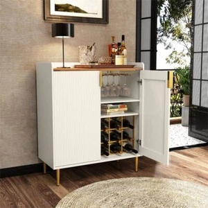 Wine Bar Cabinet with Wine Rack and Glass Holder White Coffee Bar Cabinet US - Picture 1 of 10