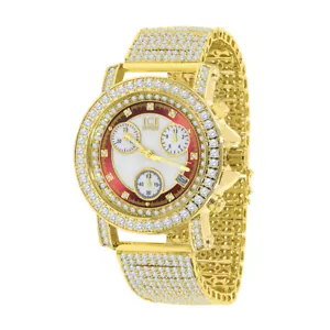 Red & White Solitaire Dial 14K Gold Tone Real Diamonds Custom Band Watch W/Date - Picture 1 of 6