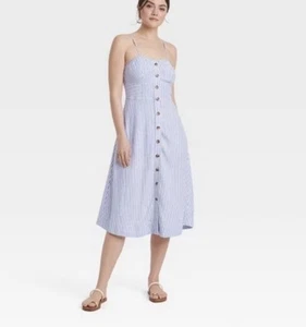 Universal Thread Midi Sundress Corset Linen Strap Blue Stripes Size Small - Picture 1 of 3