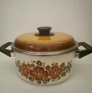 Capri Emaille Stahl Dutch Oven Topf Hergestellt in Spanien Vintage Blumen Aufkleber 3 Quart - Bild 1 von 6