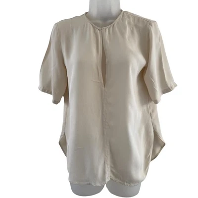Blusa Theory Mujer Pequeña Blanca 100% Seda Clásica GGT Cuello Dividido Manga Corta Foto 1 de 4