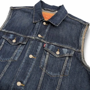 Levis Denim Trucker Vest Mens 2XL Blue Dark Wash Distressed Cowboy Trucker Biker - Picture 1 of 9