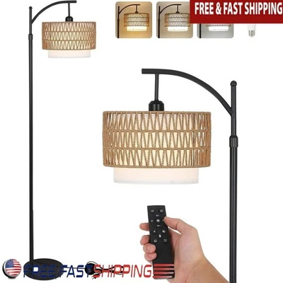 Adjustable Rattan Floor Lamp Dimmable Remote Control Iron Base 2 in 1 Design New - Image 1 of 4