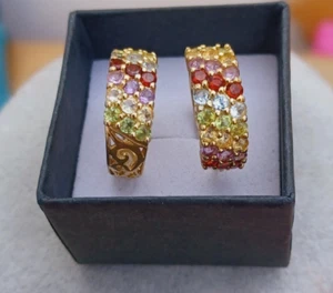 FMS 925 Sterling Silver Gold Vermeil Multi Gemstone Hoop Earrings Lever Back - Picture 1 of 8