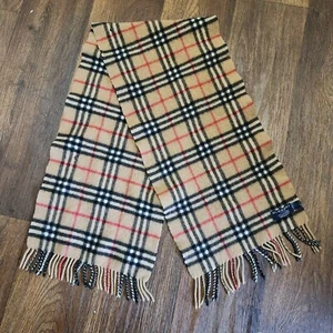 Vintage Burberry Cashmere Scarf Authentic Classic Nova Check Beige Fringe - Picture 1 of 8