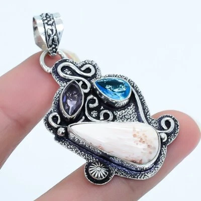 Scolecite, Topazio Blu, Ametista Fatto a Mano Argento Ciondolo Gioielli 2.0 " - Immagine 1 di 3