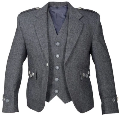 Men’s Argyle Charcoal Grey tweed Wool Highland Scottish wedding kilt jacket - Photo 1/4