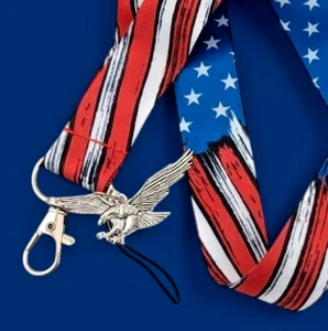 LANDERA DE EE. UU. CORDÓN águila calva encanto estrellas americanas rayas llavero correa para el cuello V6 - Imagen 1 de 4