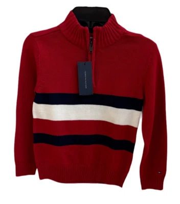 Tommy Hilfiger Boy's Striped Flag Quarter 1/4 Zip Sweater Red White Blue NWT - Image 1 of 4