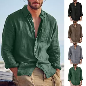 Men's Casual Beach Shirt Long Sleeve Cotton Linen Button Up Shirts Tops Holiday - Picture 1 of 24