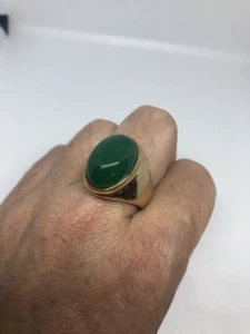 Vintage Golden Stainless Steel Genuine Green Chrysoprase Size 12 Men's Ring - Picture 1 of 5