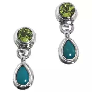 925 Silver Dainty Peridot Natural Turquoise Pear Sterling Stud Earrings, 5/8" - Picture 1 of 2