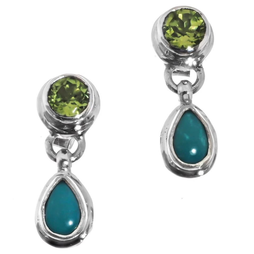 Aretes de plata 925 delicados peridoto turquesa natural pera esterlina, 5/8" Foto 1 de 2