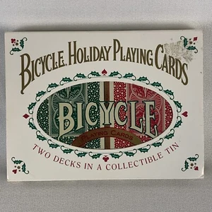 BICYCLE HOLIDAY PLAYING CARDS, 2 SEALED DECKS IN COLLECTIBLE TIN W/SLEEVE, 1990S - Picture 1 of 7
