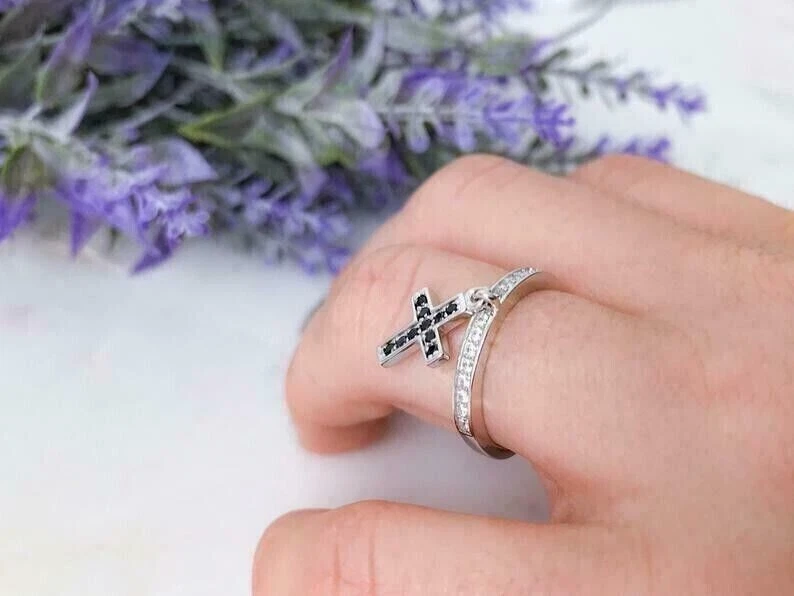 Stunning Cross Dangle Ring Round Cut Simulated Diamond In 14k White Gold Plated - Image 1 of 4