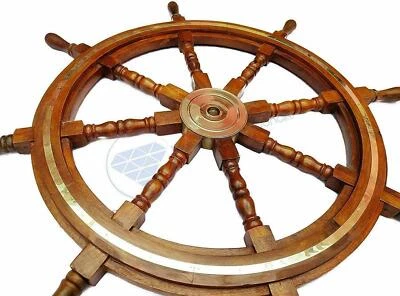 36" Brass Nautical Marine Ring Pirate Captain Wooden Steering Ship Wheel Décor - Image 1 of 4